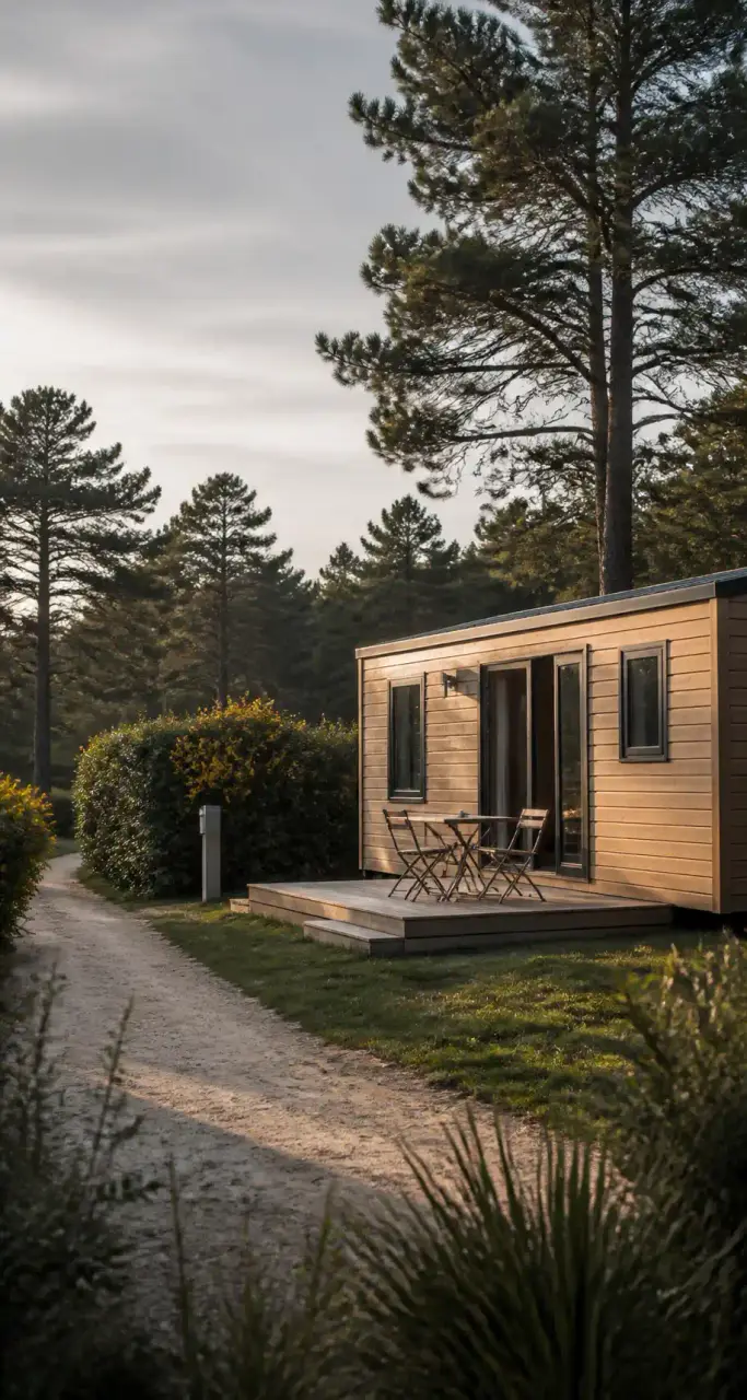 Emplacement de camping dans le Morbihan, mobil-home en bois sous les pins avec terrasse et allée de sable