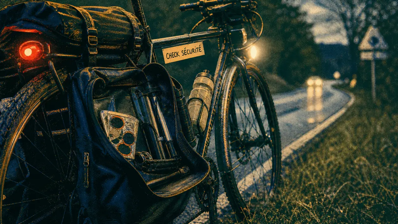 Accessoires cyclotourisme : vélo de voyage autonome avec kit crevaison et éclairage allumé
