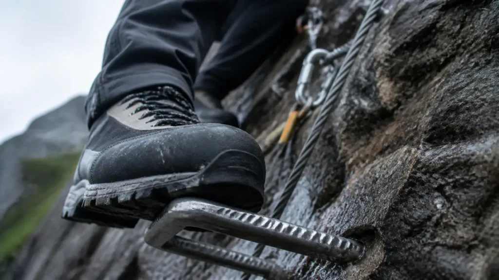 Chaussure de via ferrata : semelle rigide, tige adaptée et pièges à éviter