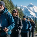 Club randonnée haute savoie : groupe de randonneurs sur sentier avec Mont-Blanc en arrière-plan