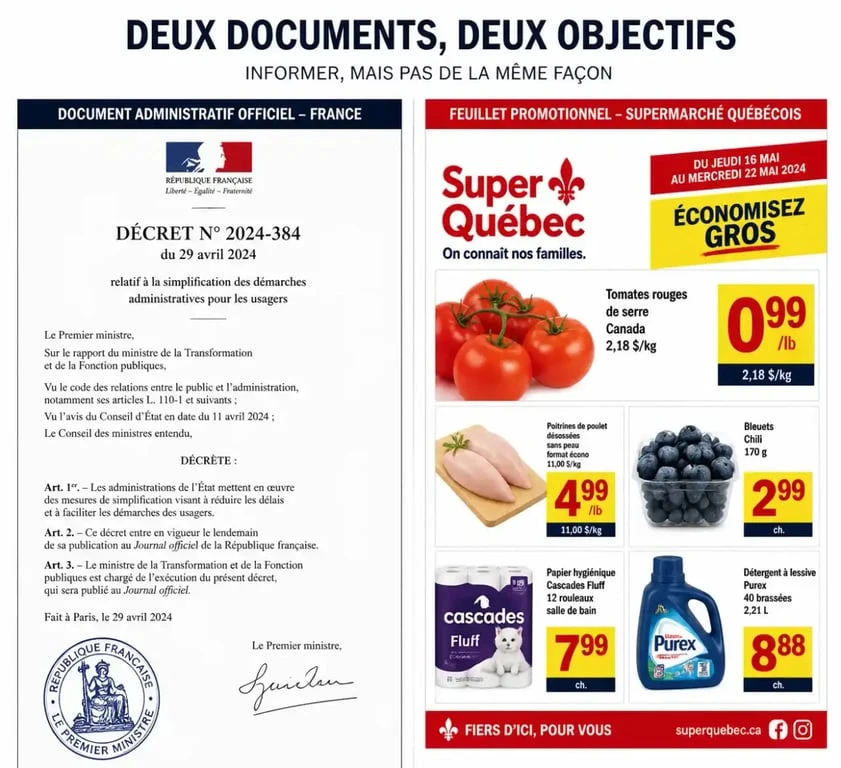 Infographie comparative illustrant la différence entre une circulaire administrative française et une circulaire commerciale québécoise