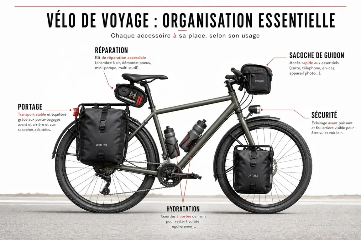 Accessoires cyclotourisme organisés sur un vélo de voyage avec sacoches, éclairage et kit de réparation