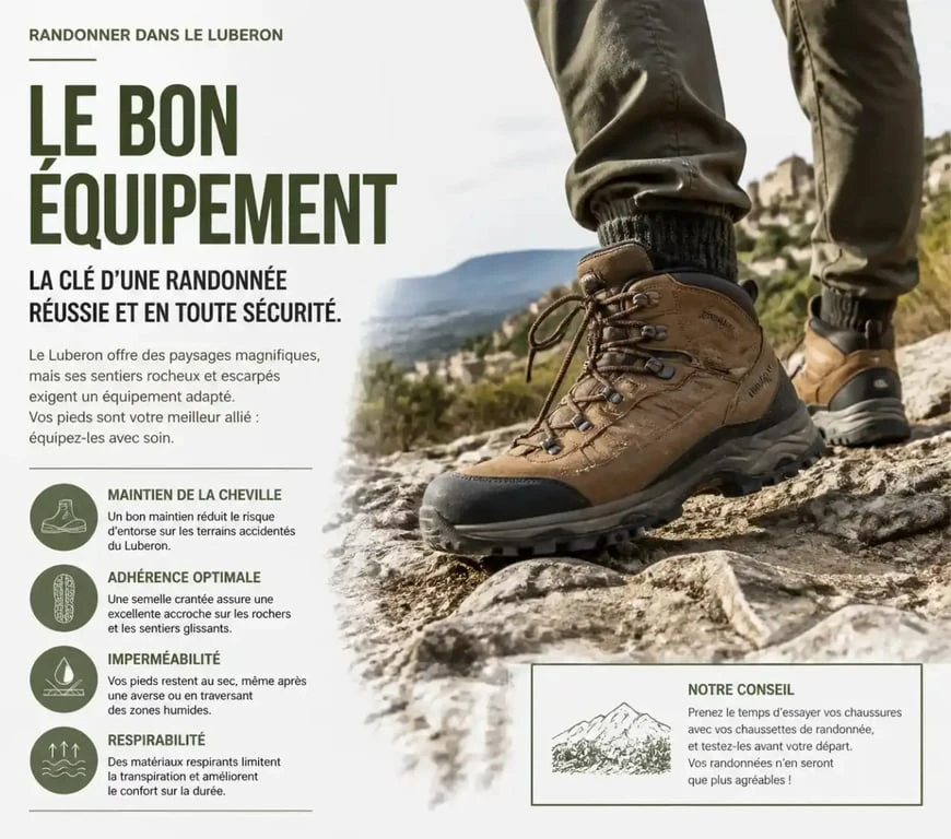 Équipement de randonnée sur un sentier caillouteux dans le Luberon