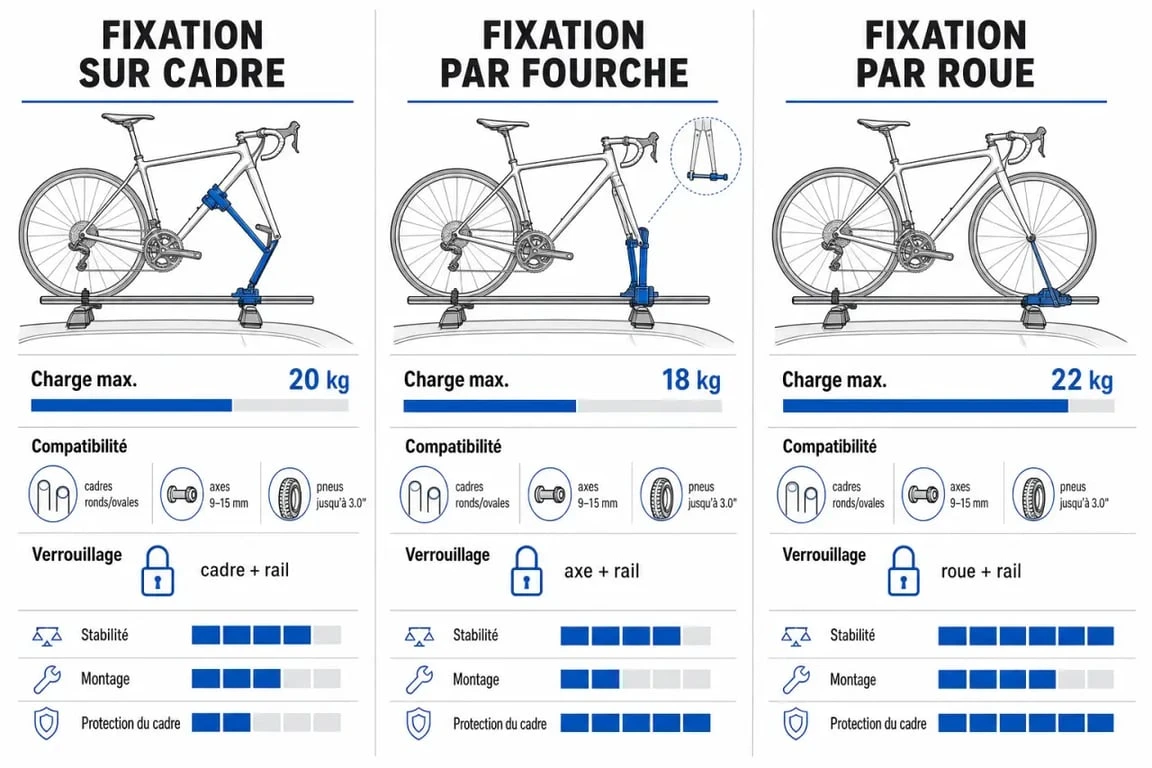 Comparatif porte vélos sur toit : types de fixation, charge et compatibilité