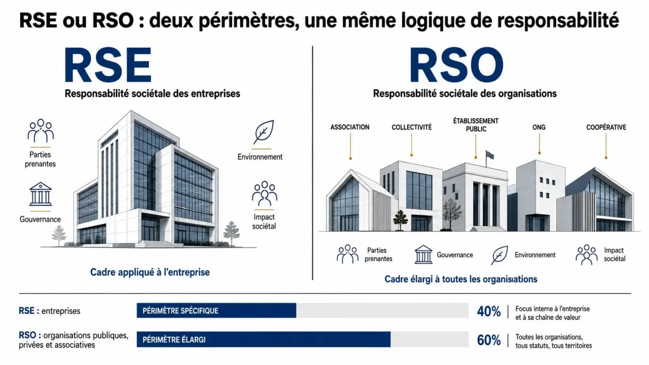 Comparatif RSE RSO montrant la différence entre responsabilité sociétale des entreprises et responsabilité sociétale des organisations