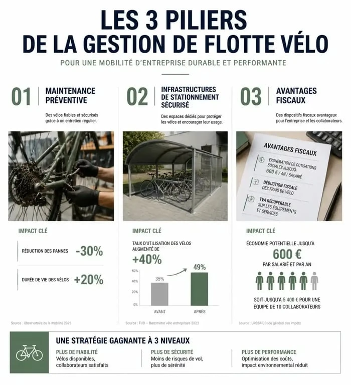 Infographie sur la gestion de flotte vélo en entreprise : maintenance, infrastructures et fiscalité