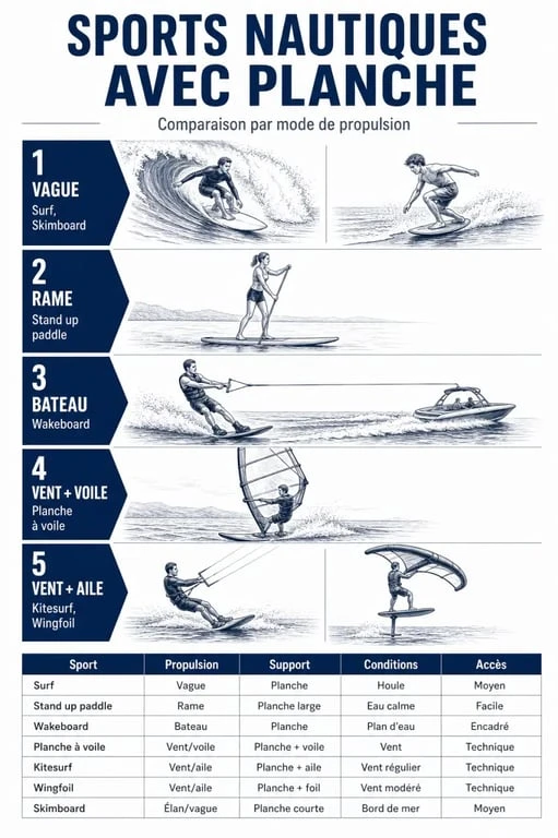 Sport sur l’eau avec une planche : comparaison visuelle des disciplines de glisse