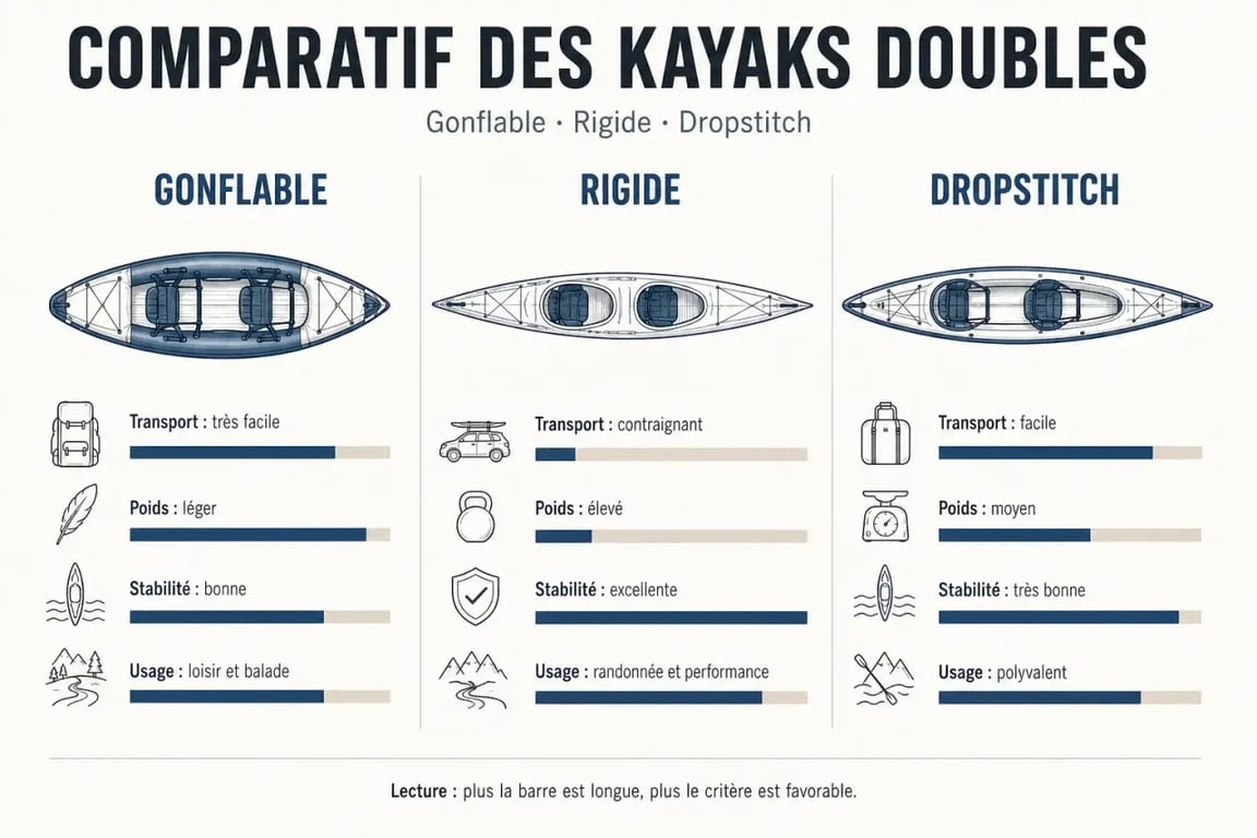 Comparatif kayak double gonflable, rigide et dropstitch