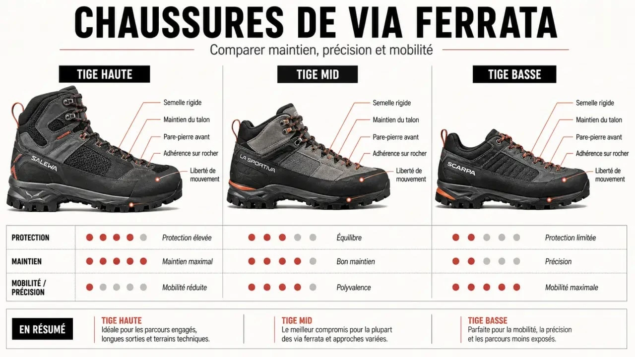 Chaussure via ferrata : comparaison des tiges haute, mid et basse pour choisir le bon modèle