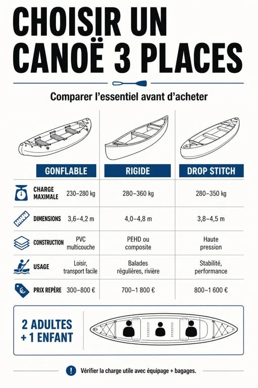 Infographie comparative pour choisir un canoe 3 places selon la charge, le type et l’usage