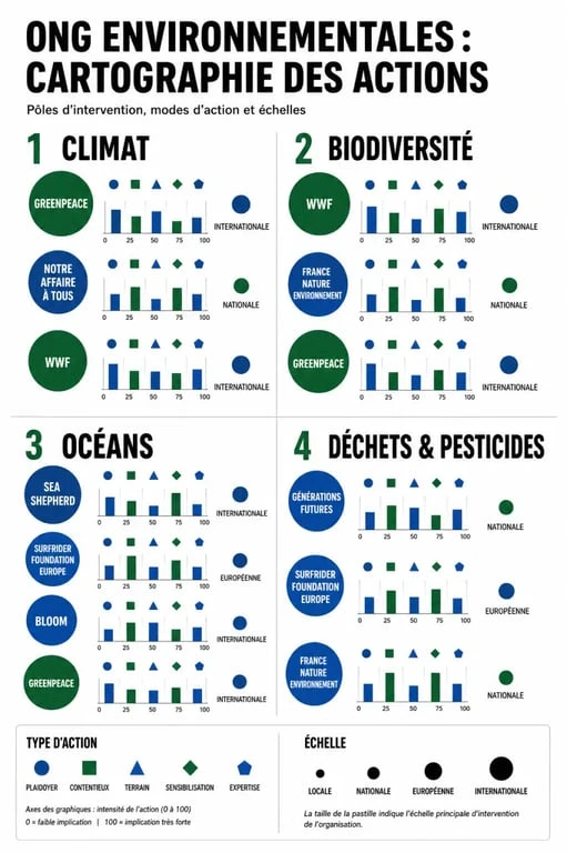 Ong environnement : carte comparative des ONG par thème, mode d’action et échelle