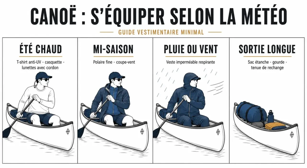 Tenue pour canoe selon la météo et la saison avec vêtements techniques et accessoires essentiels