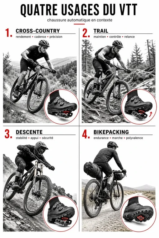 Chaussures automatiques VTT : comparaison visuelle des usages cross-country, trail, descente et bikepacking