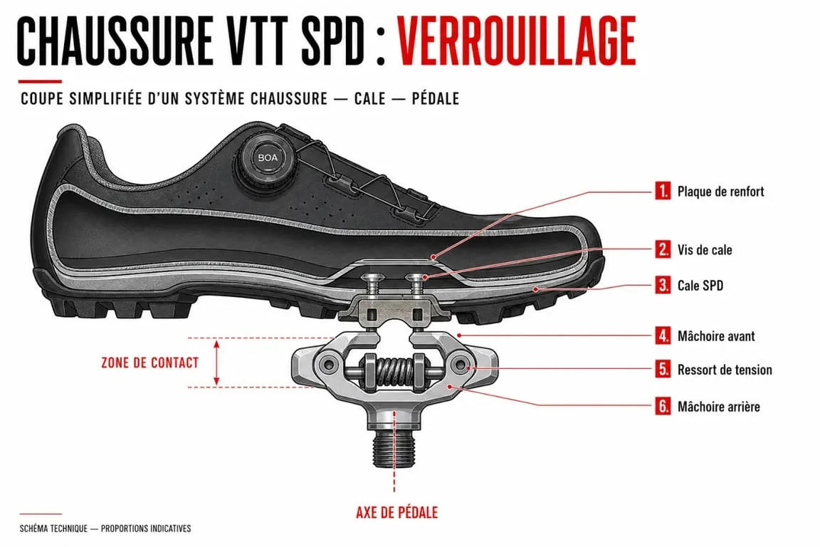 Chaussures automatiques VTT : schéma éditorial de la compatibilité SPD entre chaussure, cale et pédale