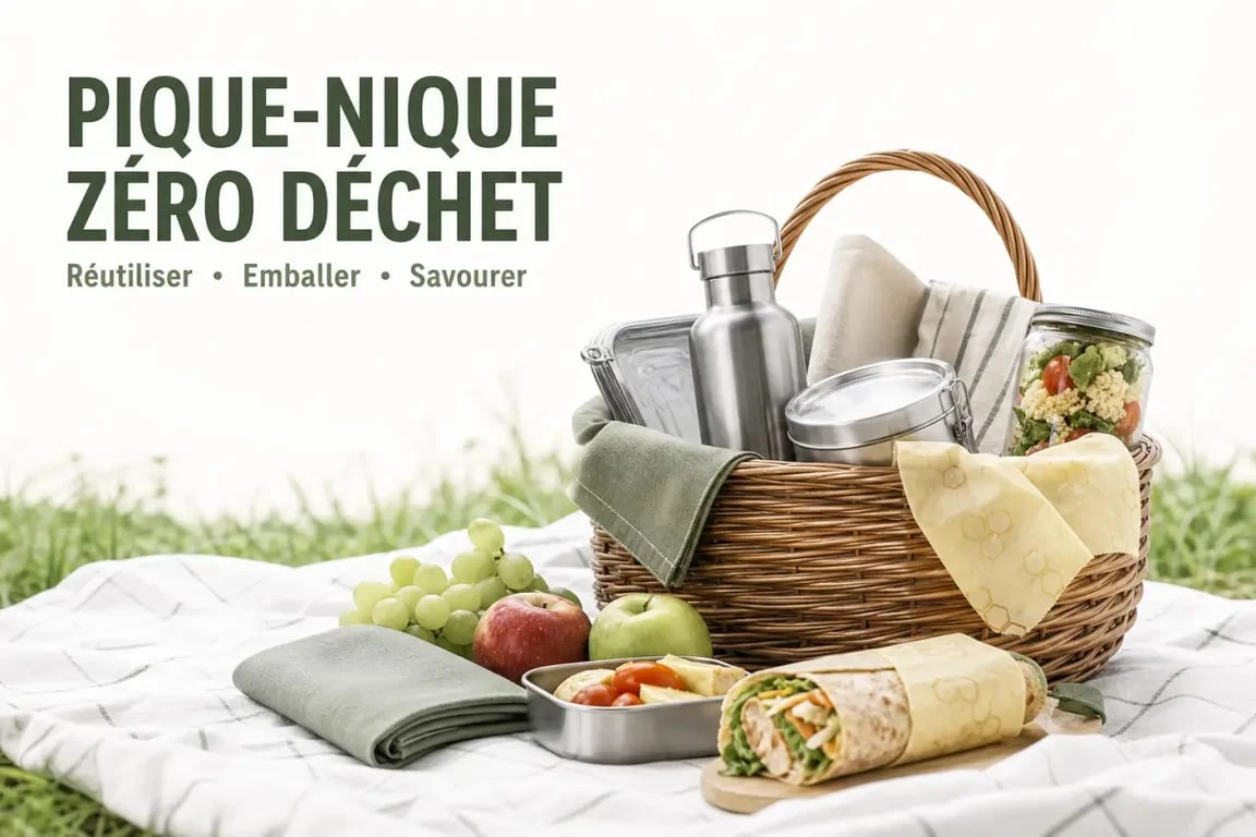 Pique-nique zéro déchet avec contenants réutilisables, gourdes et serviettes en tissu