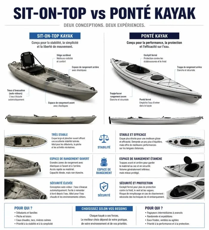 Comparatif visuel entre kayak sit-on-top et kayak ponté pour la pêche