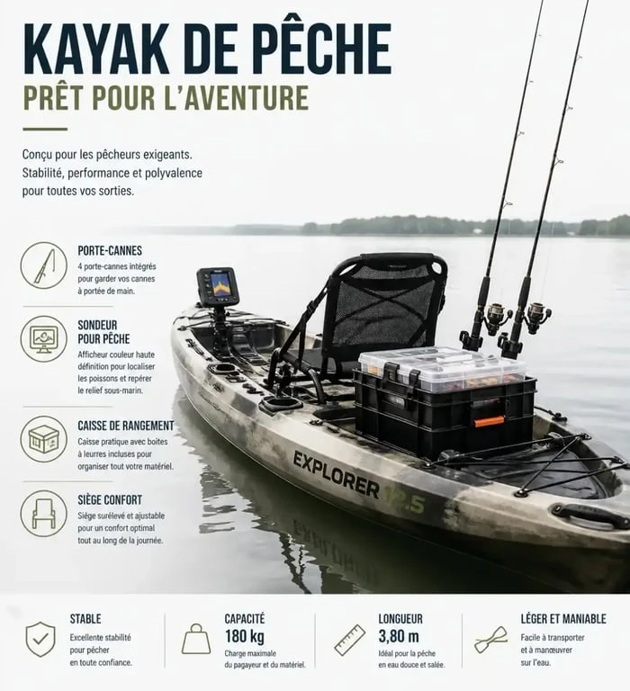 Installation optimisée pour la pêche au kayak avec sondeur et porte-cannes