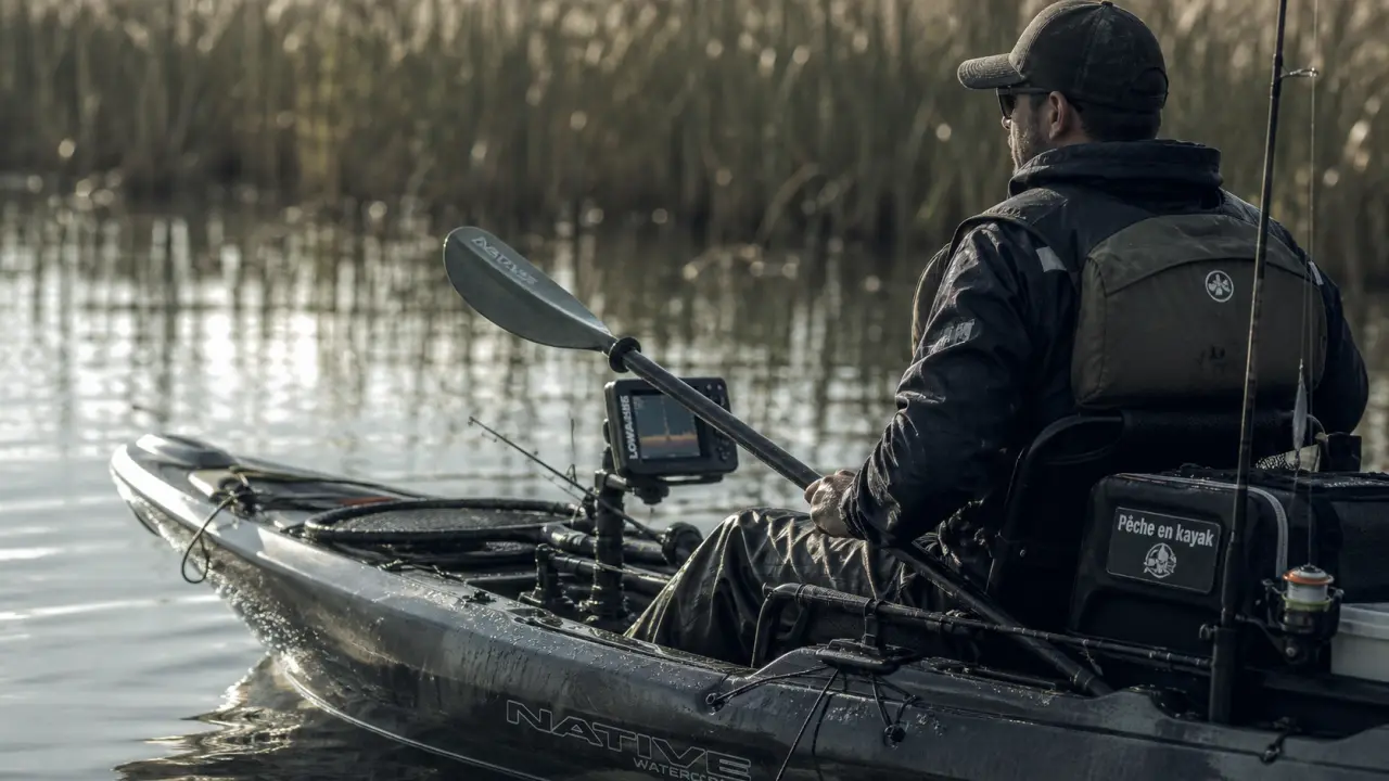 Peche au kayak : kayak de pêche, sondeur et roselière calme