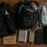 Accessoire pour trail : gilet d’hydratation noir, soft flasks et sécurité