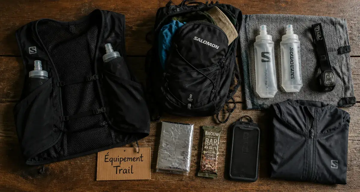 Accessoire pour trail : gilet d’hydratation noir, soft flasks et sécurité