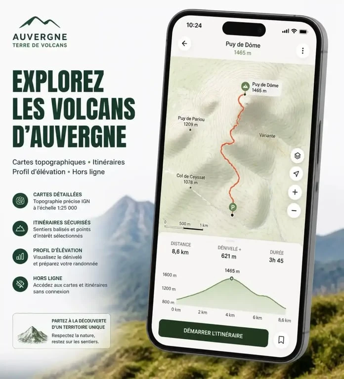 Application de randonnée en Auvergne sur smartphone avec cartographie et profil topographique