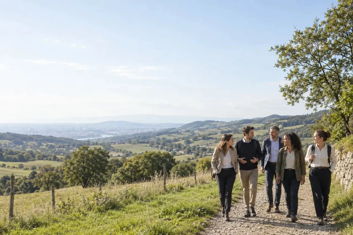 Séminaire nature à Lyon lors d'une marche d'équipe dans les Monts du Lyonnais