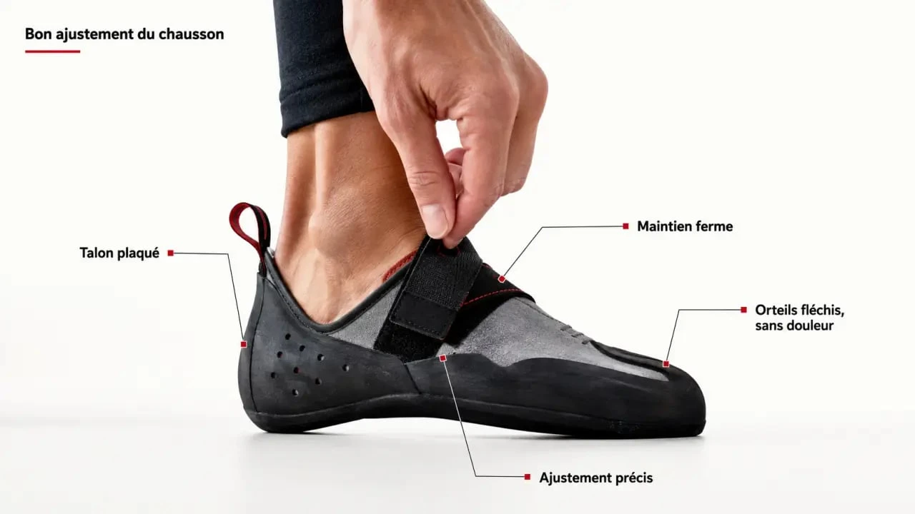 Chaussure pour escalade : essayage montrant le bon maintien du talon et des orteils