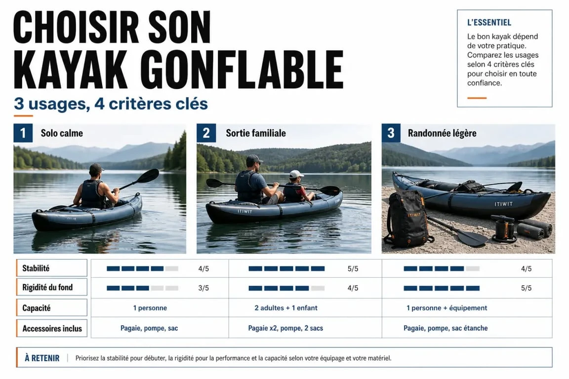 Kayaks gonflables : comparaison visuelle des usages solo, famille et randonnée