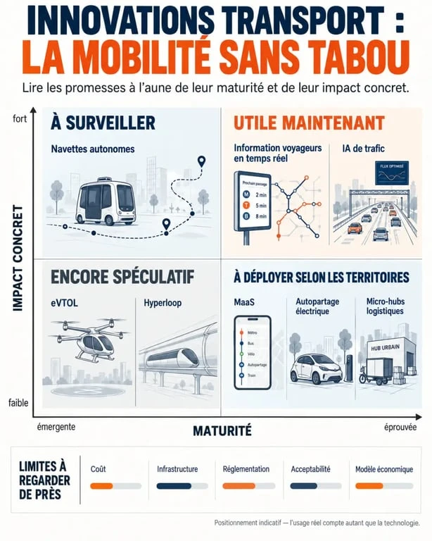Infographie des innovations transport mobilité sans tabou classées selon leur maturité et leur impact concret