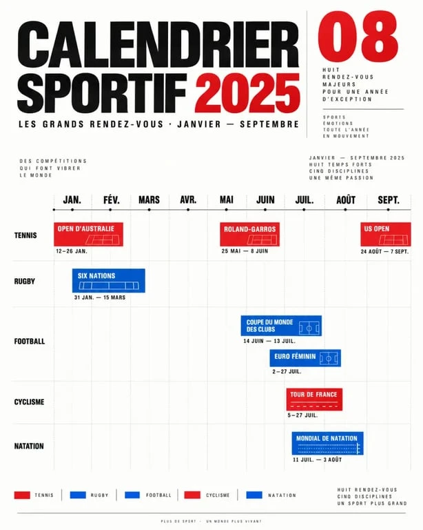 Infographie du calendrier des événements sportifs 2025 par mois et par discipline