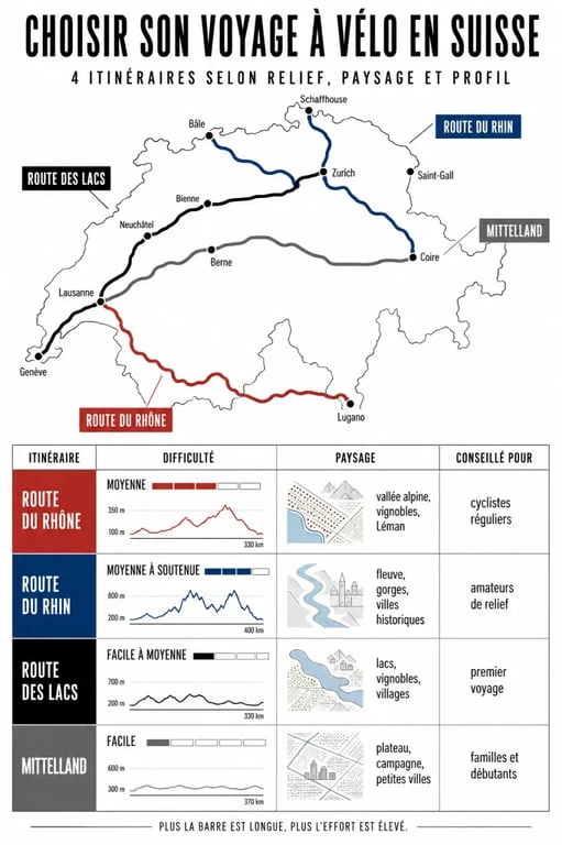 Voyage velo suisse : carte simplifiée des principales véloroutes et de leur niveau de difficulté