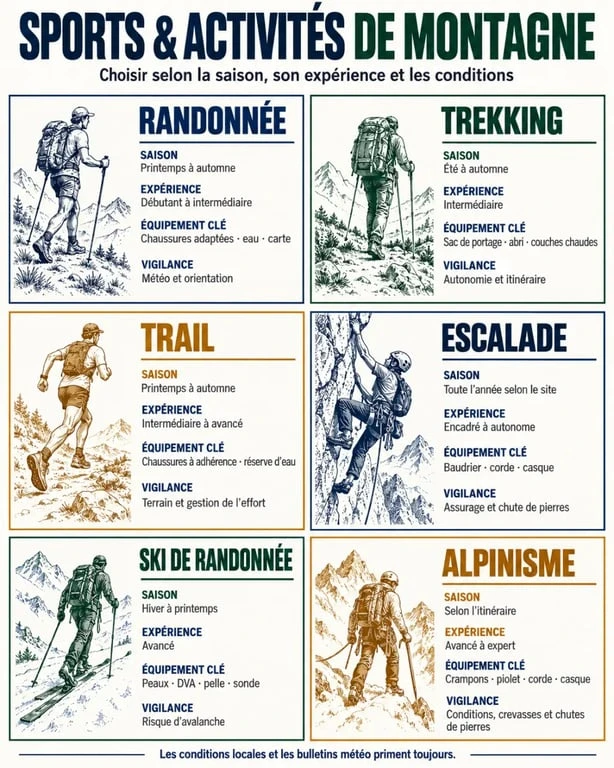 Infographie comparative des sports et activités de montagne selon la saison, le niveau et les risques
