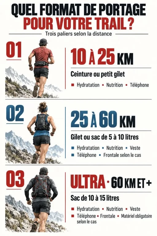 Infographie sur les accessoires pour trail selon la distance et le volume de portage