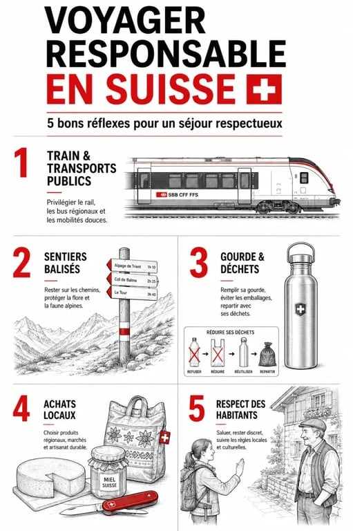 Voyage responsable suisse : infographie des bons réflexes pour le train, la nature, les déchets, les achats locaux et le respect des habitants