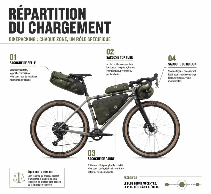 Schéma de répartition de l'équipement bikepacking sur les quatre sacoches du vélo