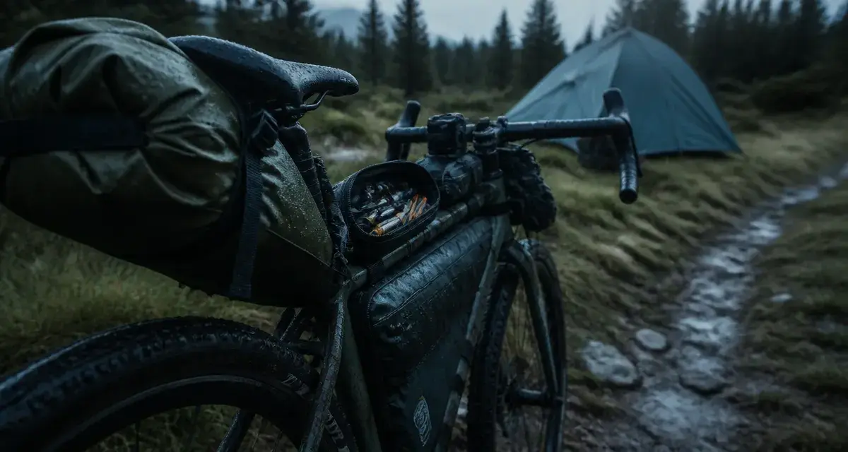 Équipement bikepacking : sacoche de selle sur vélo gravel chargé