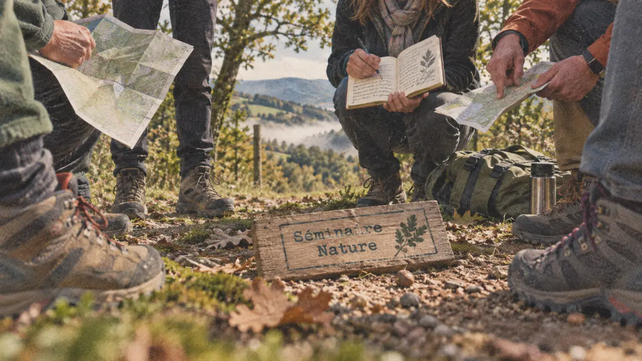 Séminaire nature lyon : marche en forêt, équipe et cartes sur chemin