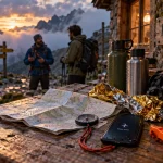 Sport et montagne : carte et boussole au refuge, météo et itinéraire sûr
