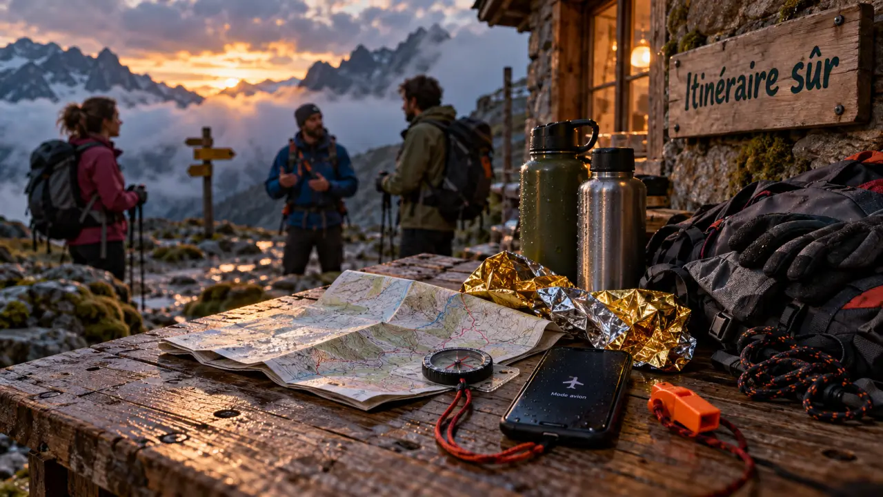 Sport et montagne : carte et boussole au refuge, météo et itinéraire sûr