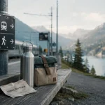 Voyage responsable suisse : gourde et sac réutilisable près du train et des sentiers