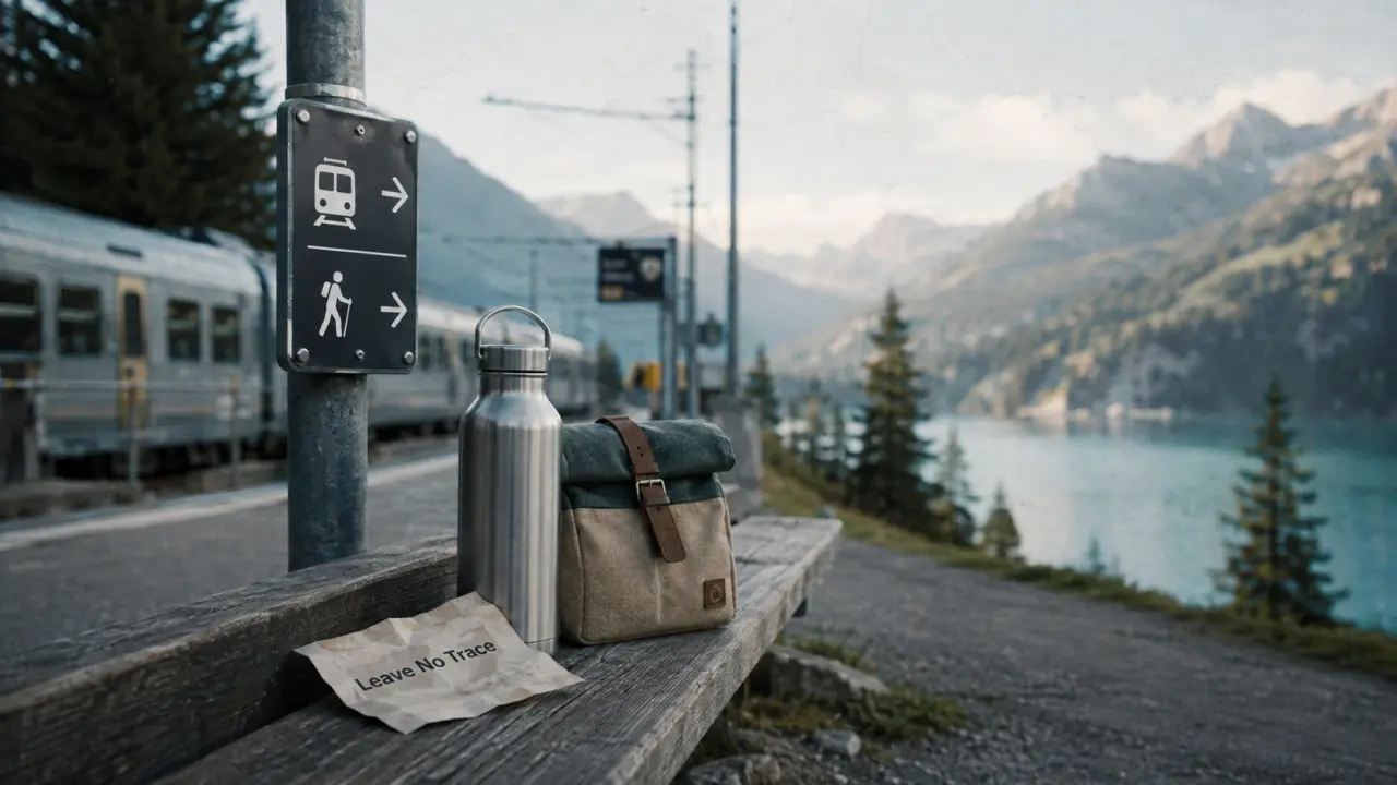Voyage responsable suisse : gourde et sac réutilisable près du train et des sentiers