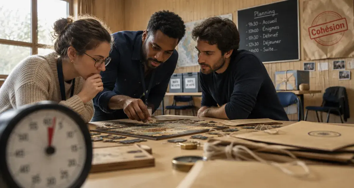Activité de cohésion : équipe résout un puzzle d’escape game en salle