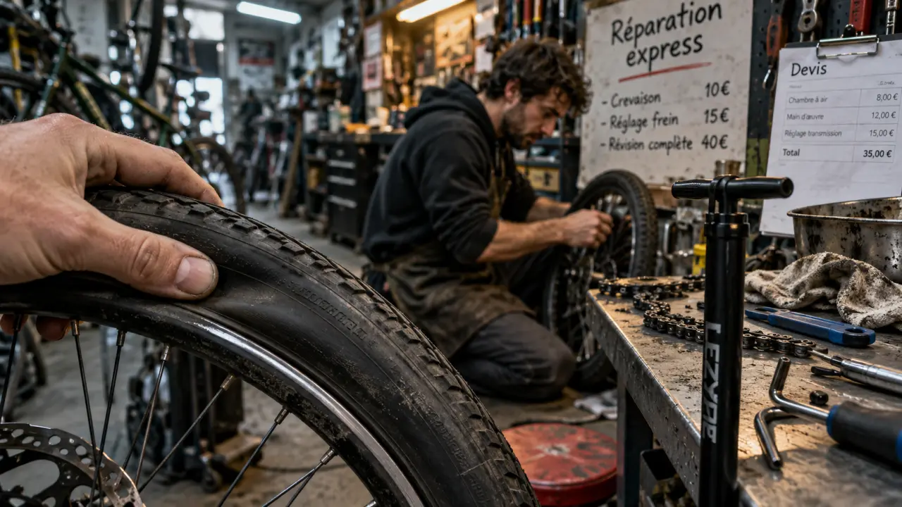 Aide réparation vélo Nantes : mécanicien répare pneu et chaîne en atelier