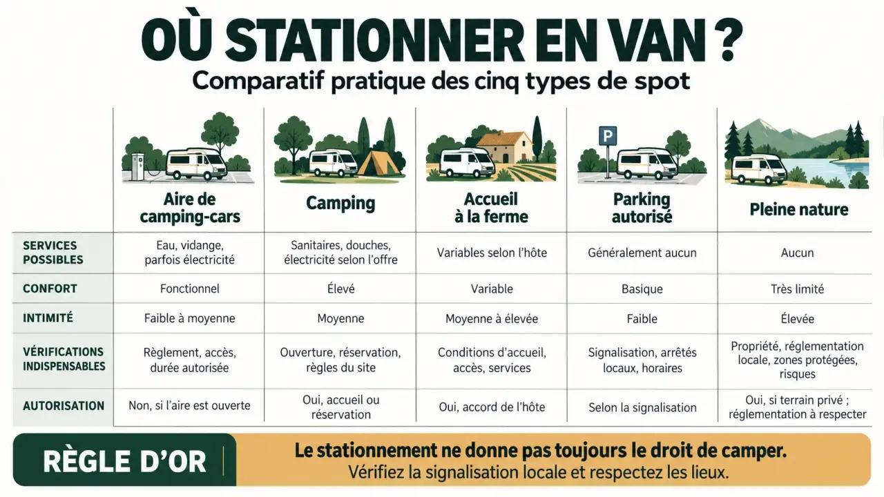 Infographie des différents types de spot van et des vérifications à effectuer avant de dormir