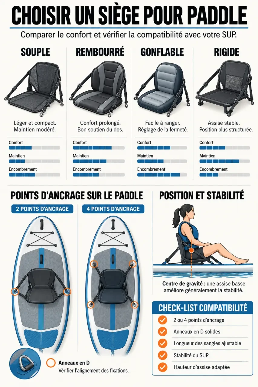 Infographie pour choisir un siège pour paddle selon le type d’assise et les points de fixation