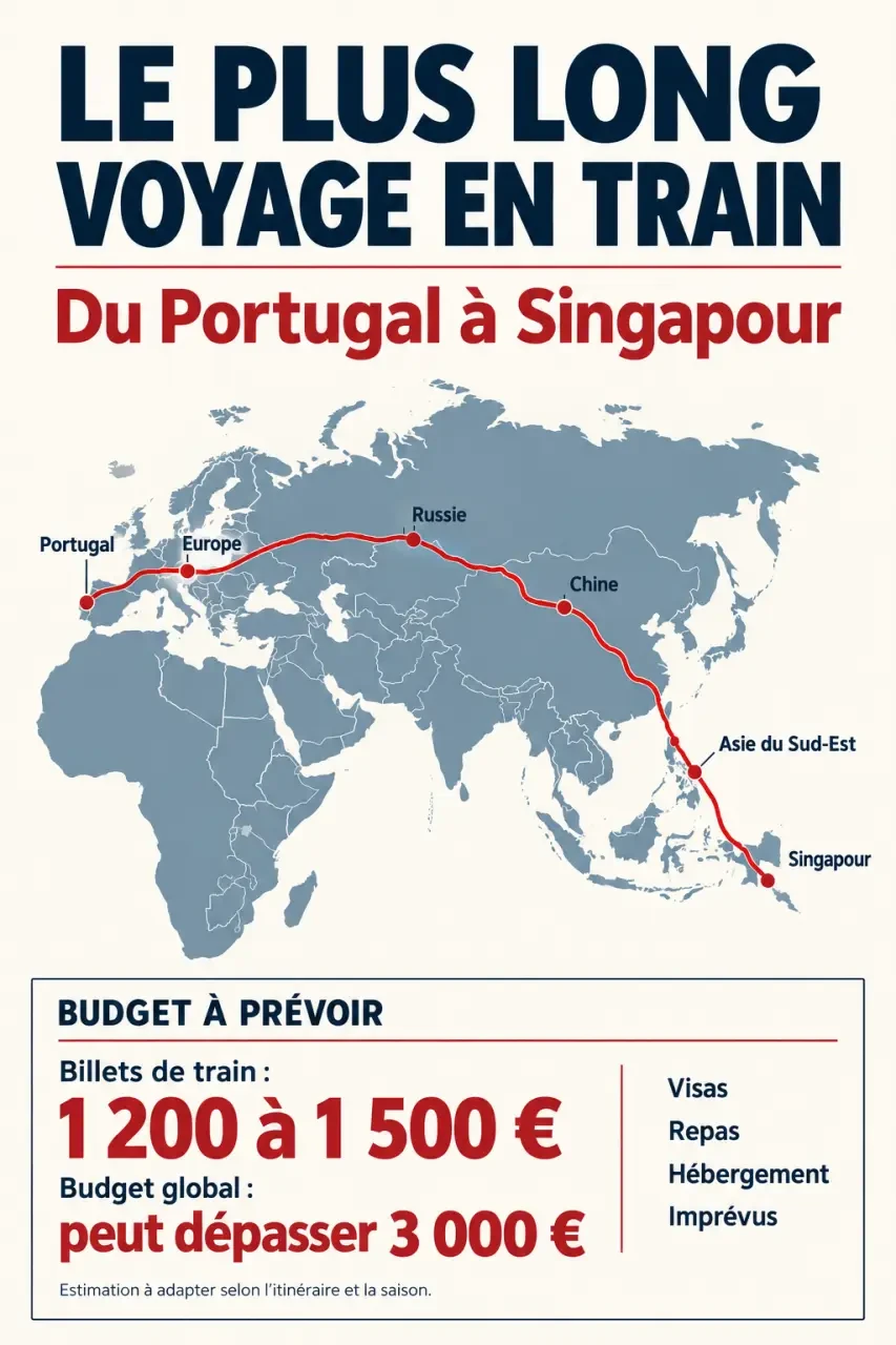 Infographie sur le voyage en train le plus long du monde prix, itinéraire Portugal-Singapour et répartition du budget