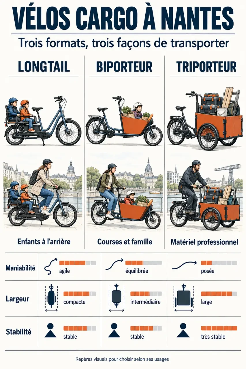 Vélo cargo Nantes : comparaison visuelle entre longtail, biporteur et triporteur