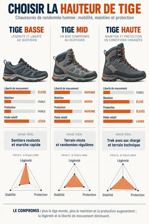 Infographie pour choisir la meilleur chaussure de randonnée homme selon la hauteur de tige, le terrain et le poids du sac