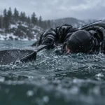 Esquimautage : kayakiste redresse le kayak par les hanches sur un lac glacial.