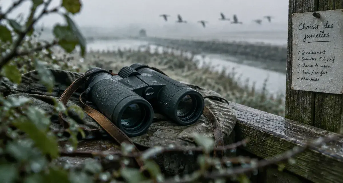 Jumelle pour oiseaux 8x42 sur rambarde, digue brumeuse et oiseaux en vol